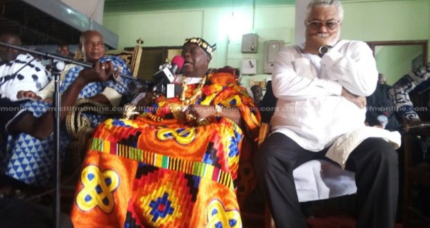 Torbui Sri of Anlo State with former president Jerry Rawlings (right) at the Apetorku Shrine